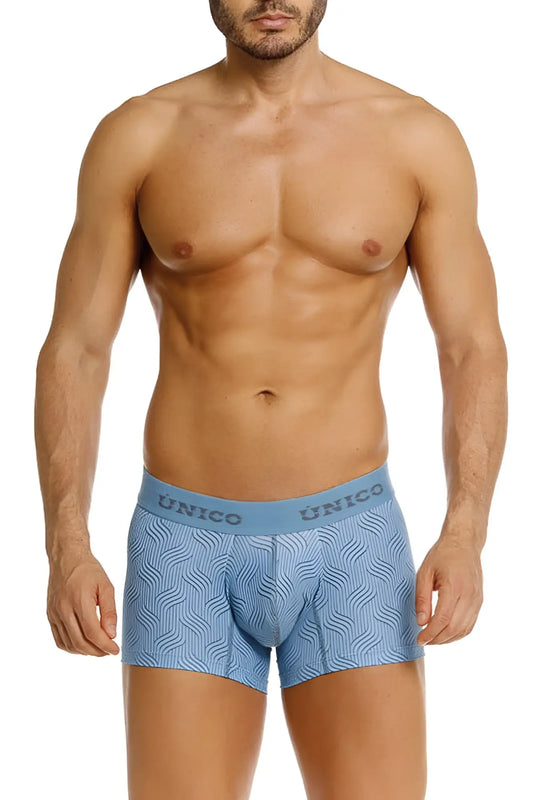 Light blue unico 26020100111 lenoso trunks with subtle wavy pattern and matching waistband for comfortable wear