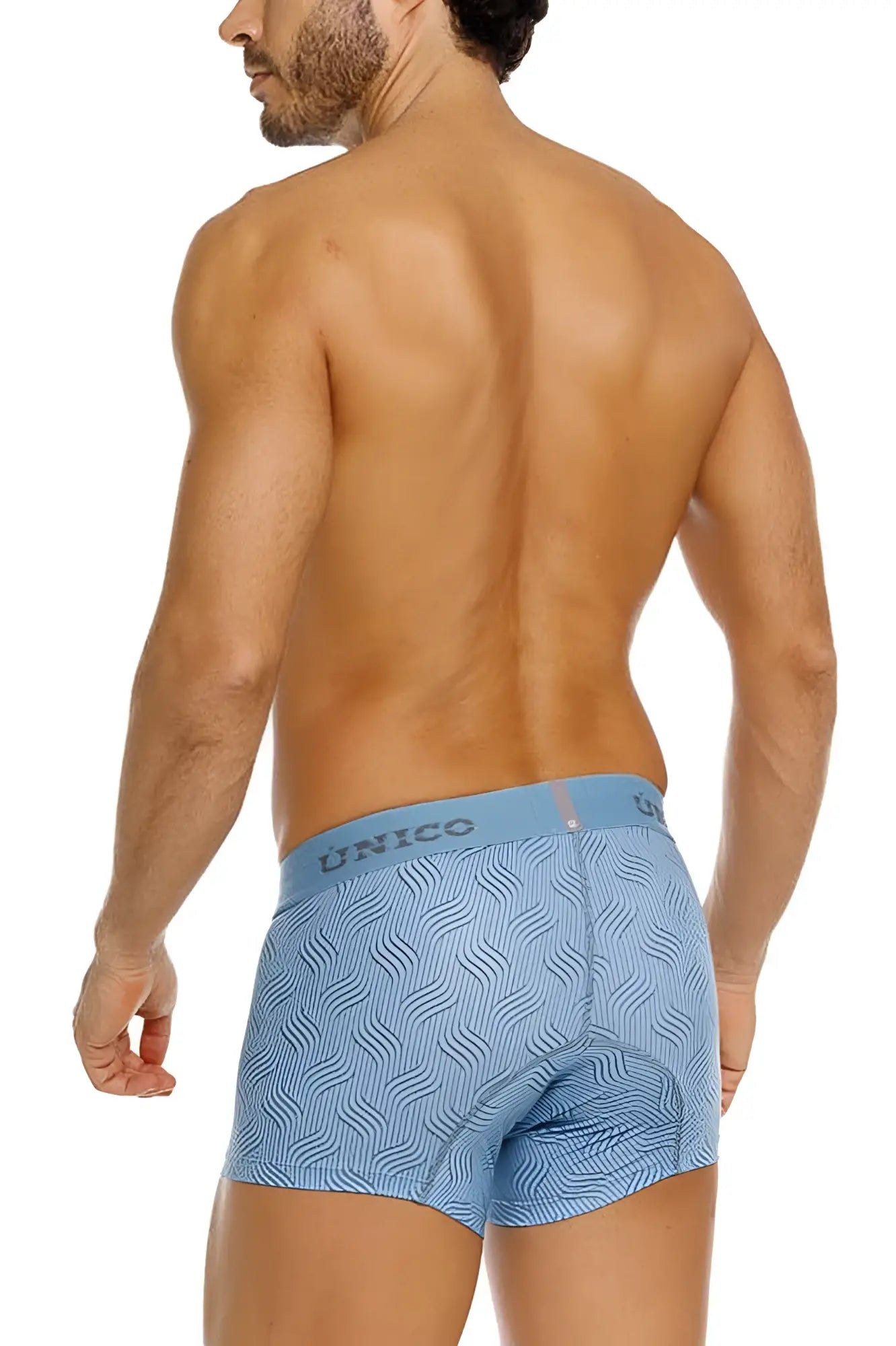 Light blue unico 26020100111 lenoso men’s briefs with subtle wavy pattern and padded rear shown from back side