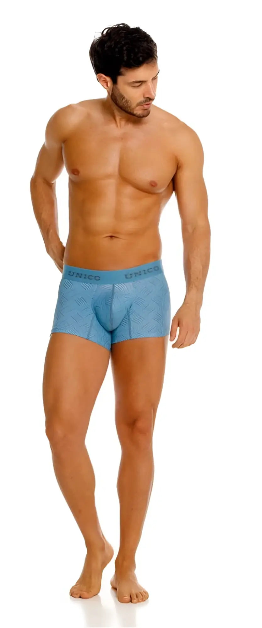Light blue unico 26020100111 lenoso trunks with subtle geometric design and printed waistband in color 46 Blue