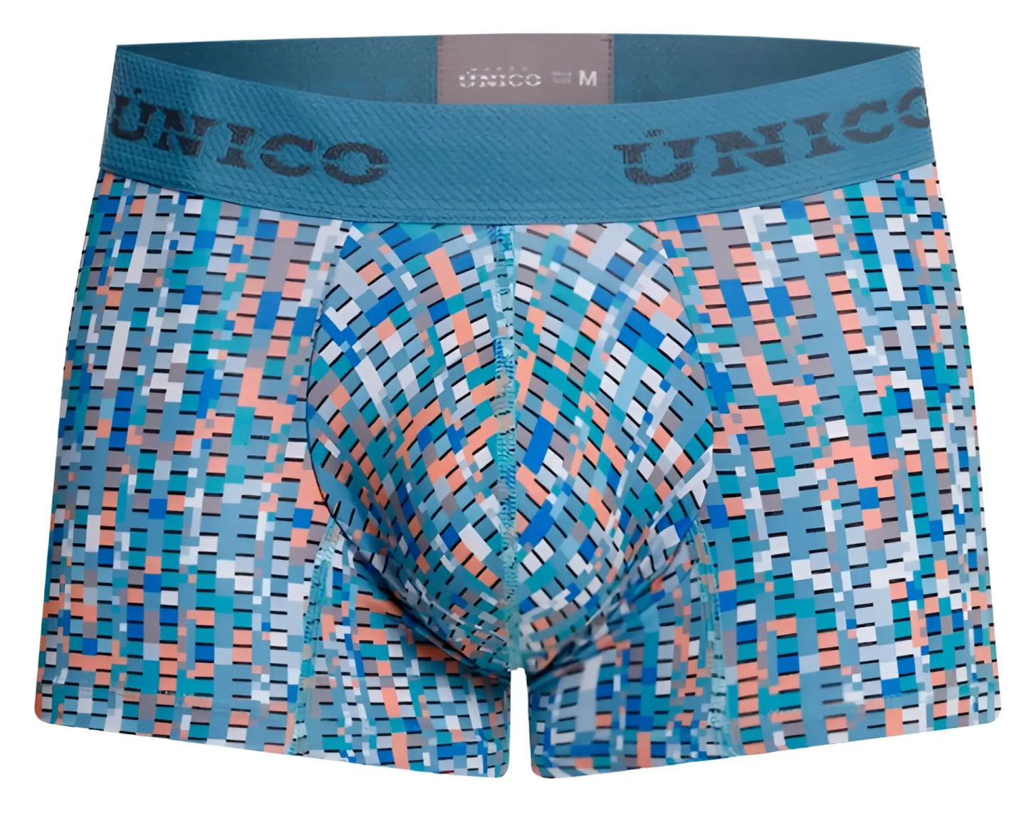 Unico 26020100112 Lignina trunks blue and coral pixelated patterned men’s boxer briefs with teal elastic waistband