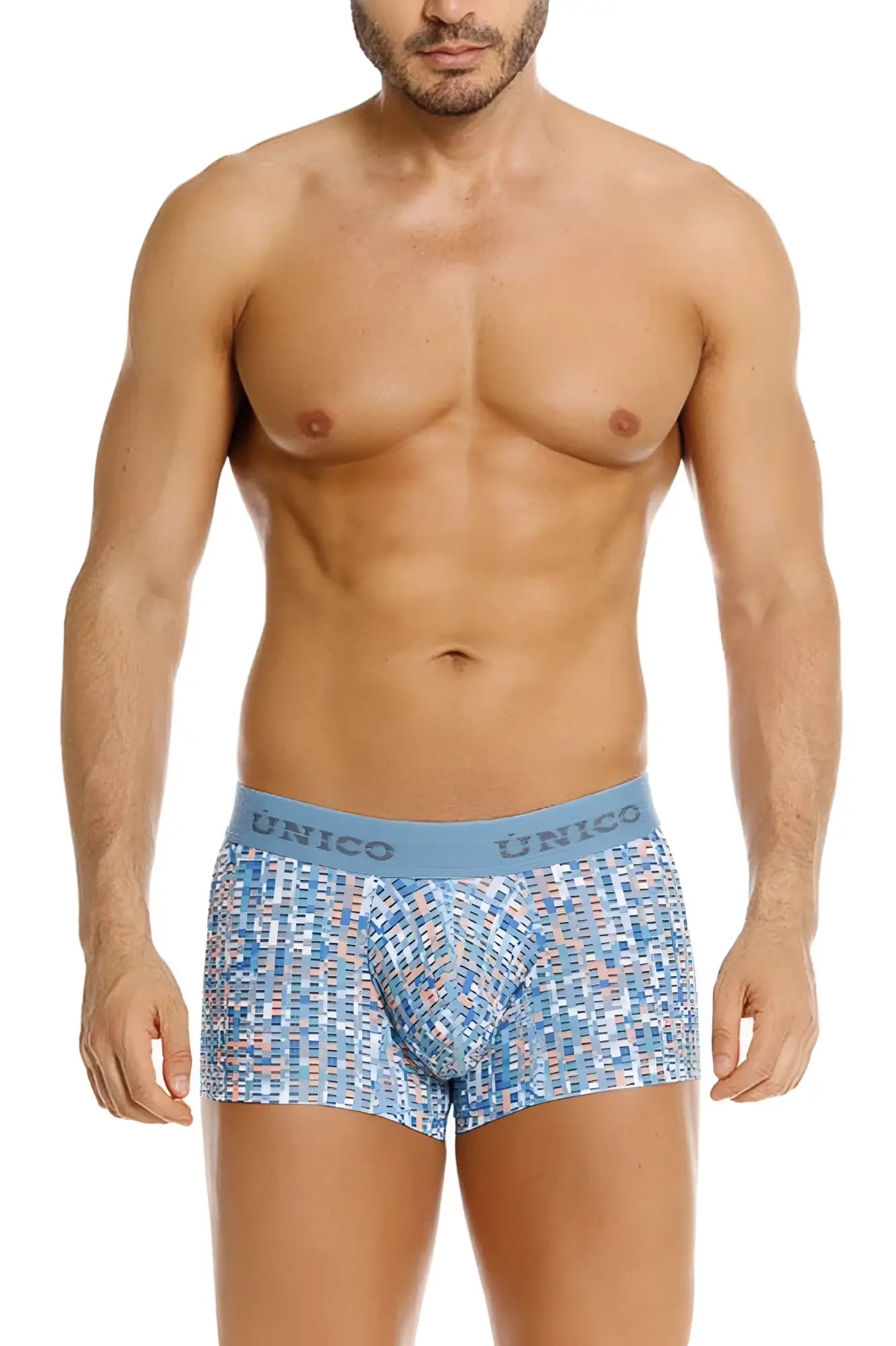 Blue patterned men’s boxer briefs with a light blue unico waistband lignina trunks color 46 blue