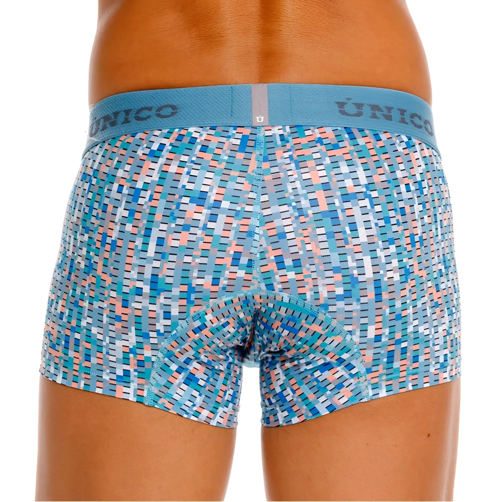 Unico 26020100112 Lignina trunks in blue and peach geometric pattern mens boxer briefs with matching elastic waistband
