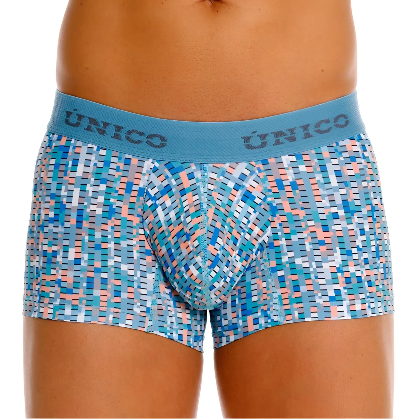Unico 26020100112 Lignina trunks men’s boxer briefs in blue and peach geometric pattern with matching elastic waistband