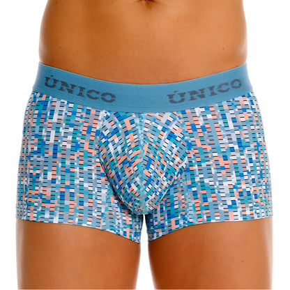 Unico 26020100112 Lignina trunks men’s boxer briefs in blue and peach geometric pattern with matching elastic waistband