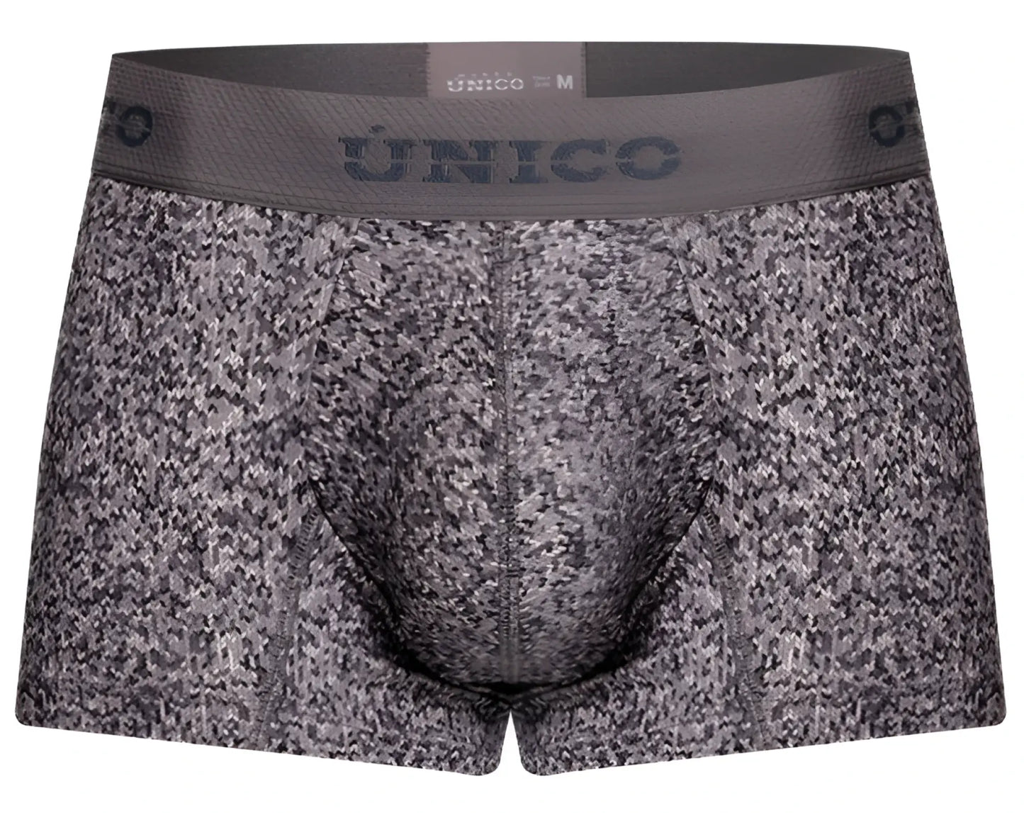 Unico 26020100114 suede trunks gray speckled men’s boxer briefs with black pattern and branded elastic waistband