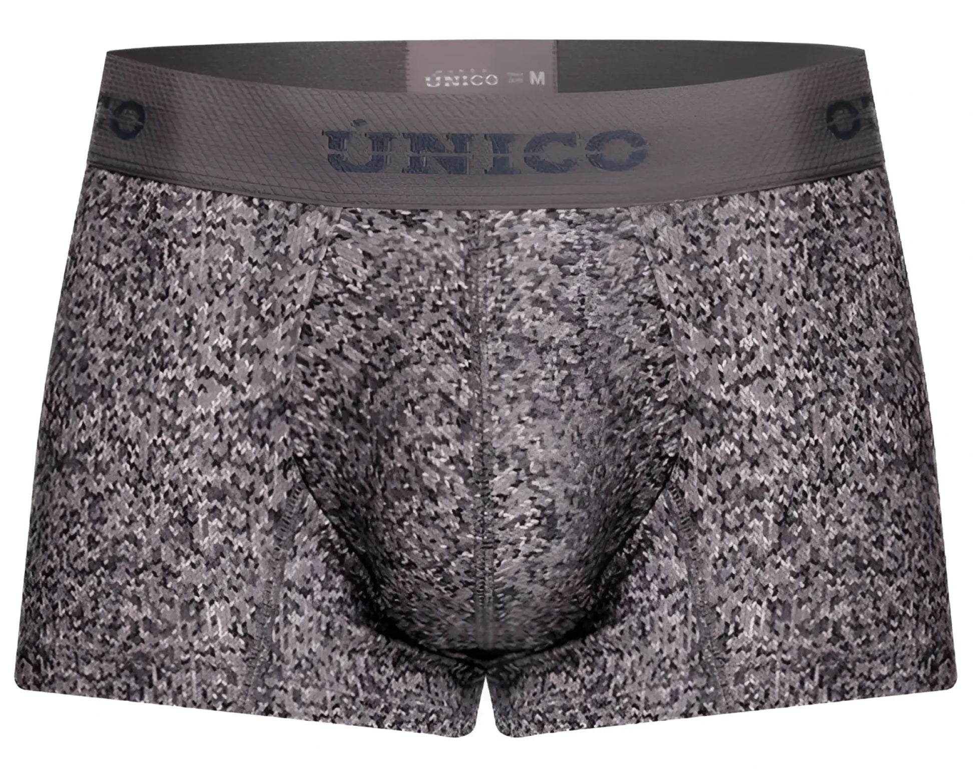 Unico 26020100114 suede trunks gray speckled men’s boxer briefs with black pattern and branded elastic waistband