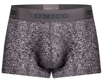 Unico 26020100114 suede trunks gray speckled men’s boxer briefs with black pattern and branded elastic waistband