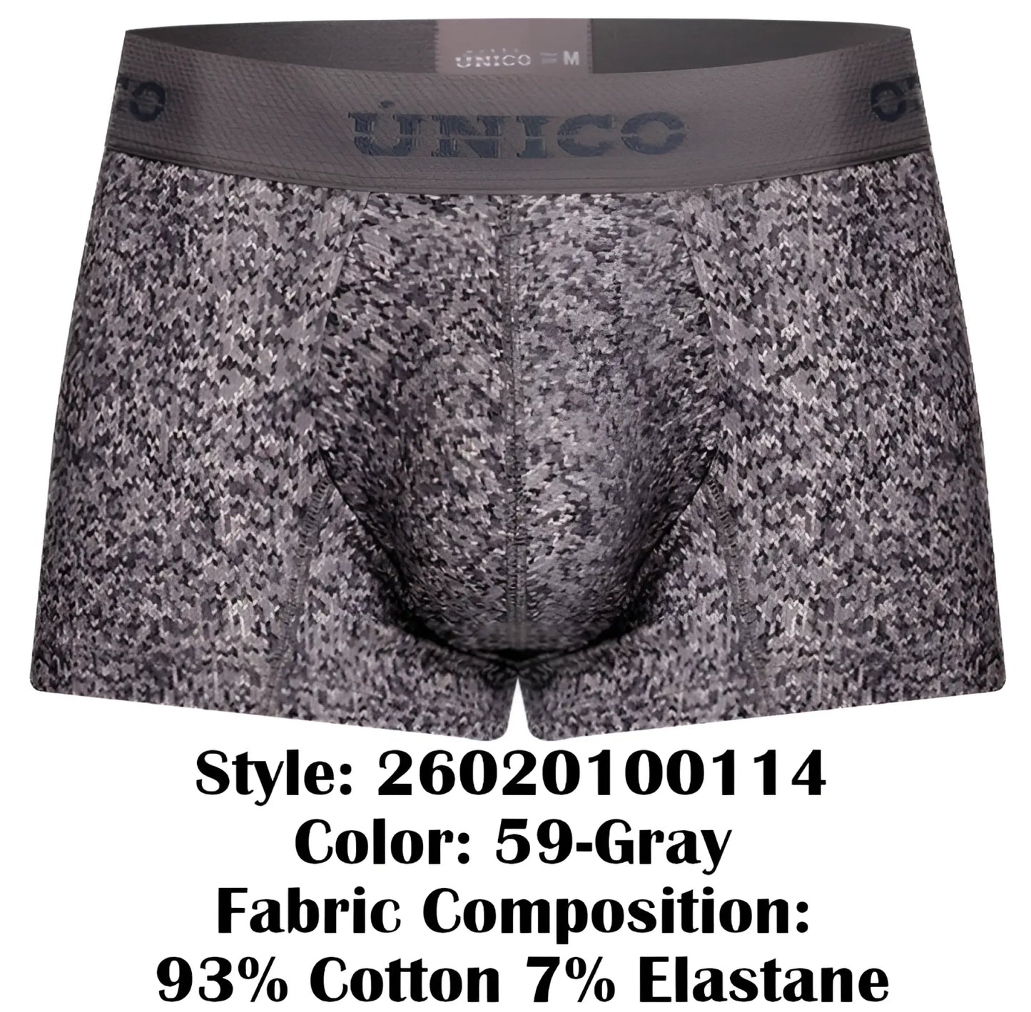 Gray patterned men’s boxer briefs with a textured suede design and unico elastic waistband color 59 gray
