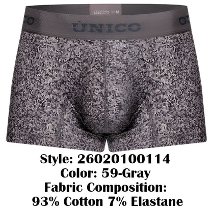 Gray patterned men’s boxer briefs with a textured suede design and unico elastic waistband color 59 gray