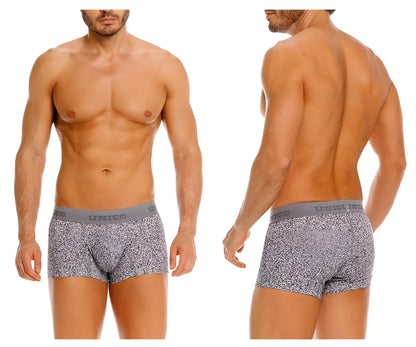 Gray suede Unico 26020100114 trunks with subtle speckled pattern and solid gray waistband featuring Unico logo