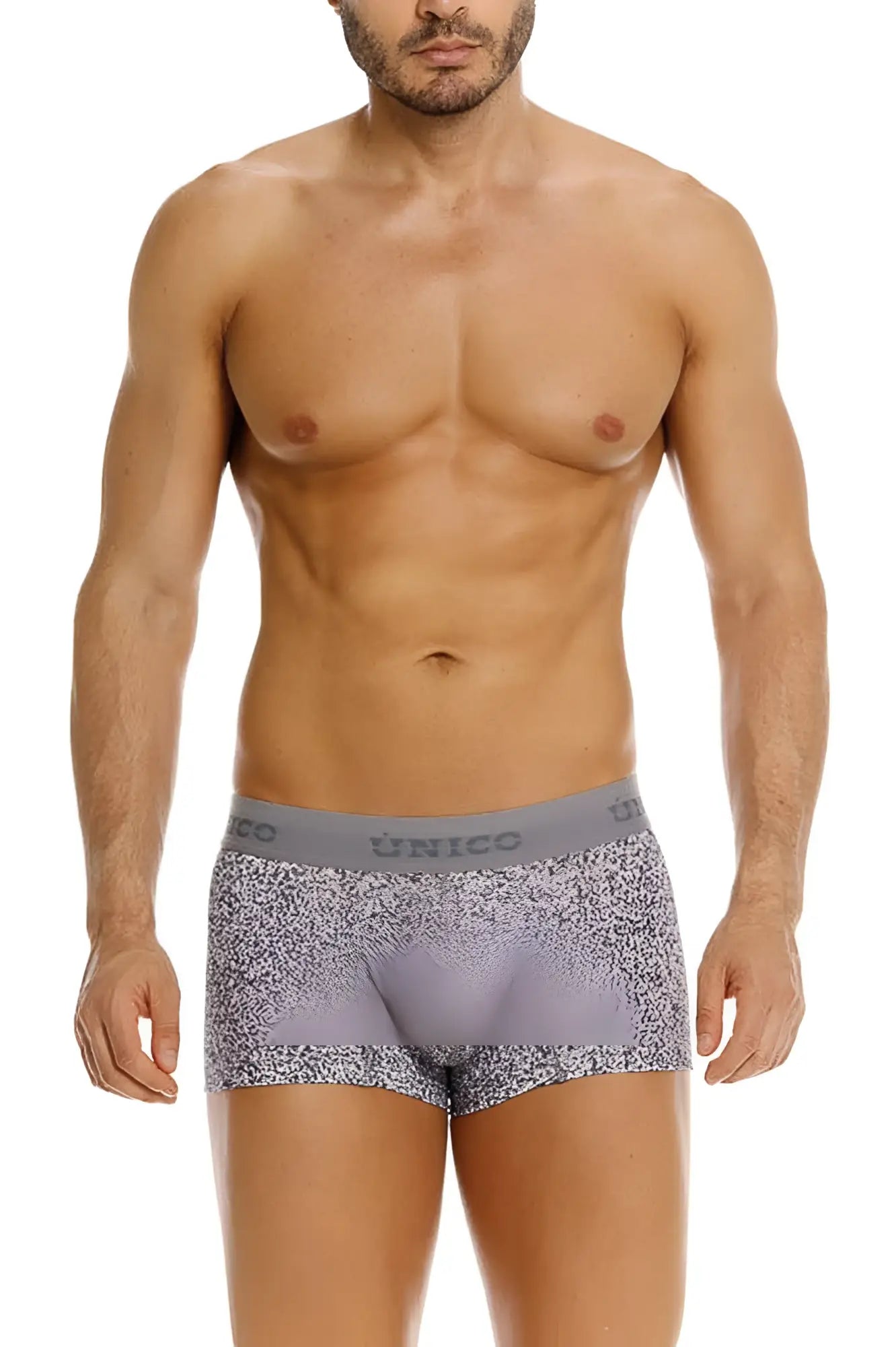 Unico 26020100114 suede trunks in gray with white speckles and solid gray waistband featuring unico brand name