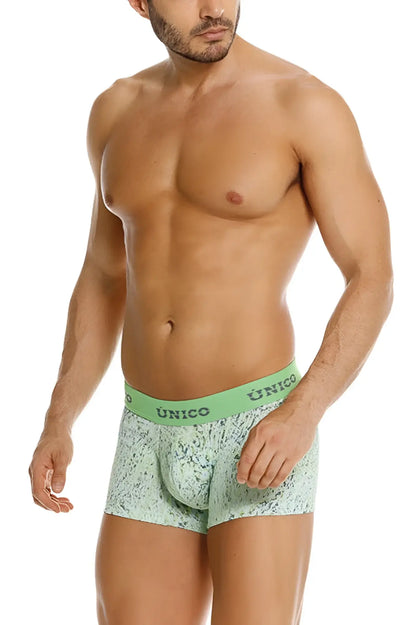 Unico 26020100115 hunos trunks green light green patterned boxer briefs with lime-green unico waistband