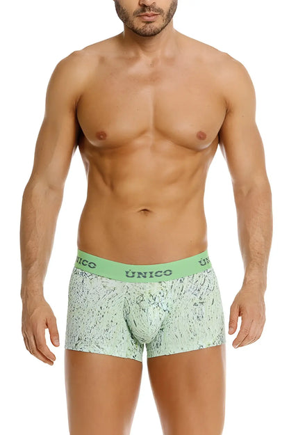 Light green and white speckled Unico 26020100115 Hunos trunks boxer briefs with matching elastic waistband