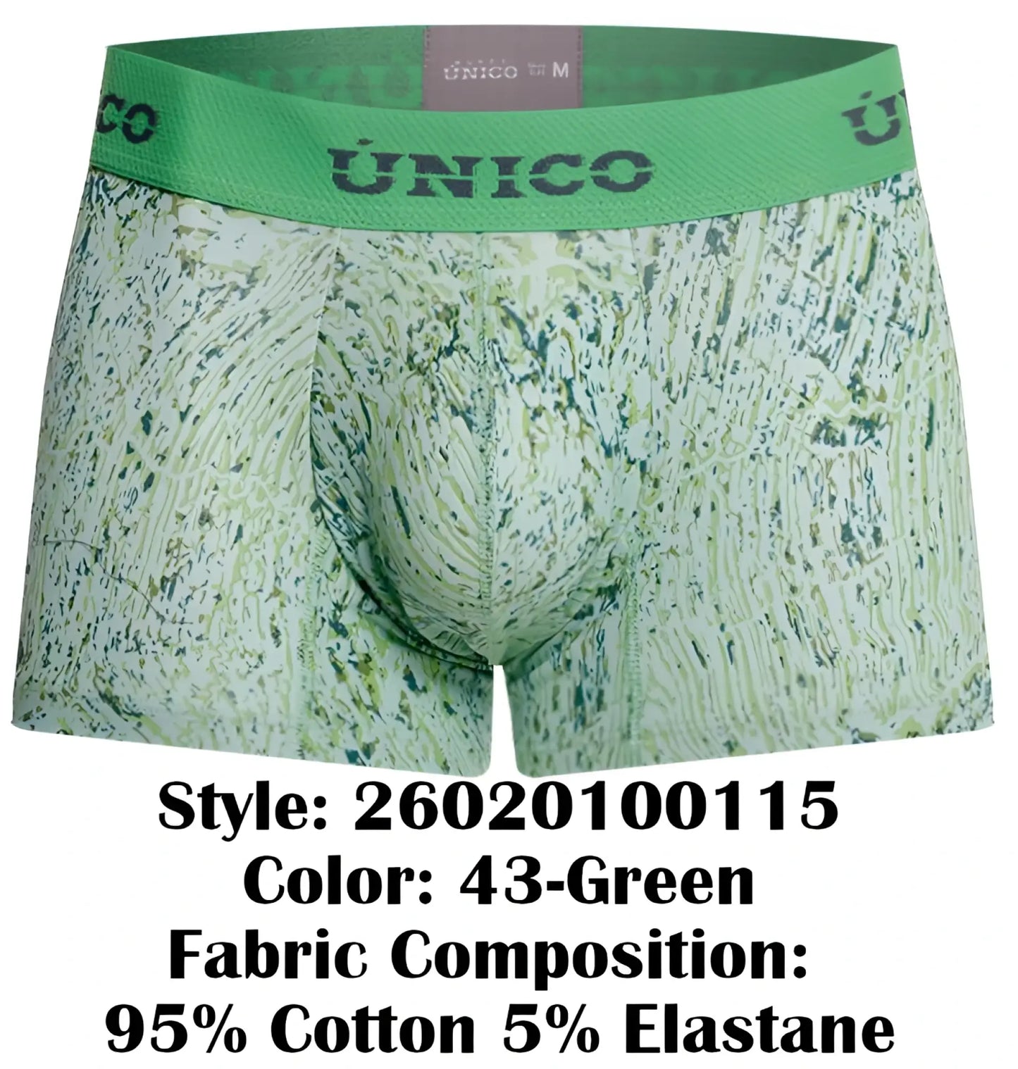 Green patterned boxer briefs with a solid green waistband featuring unico branding in color 43 green