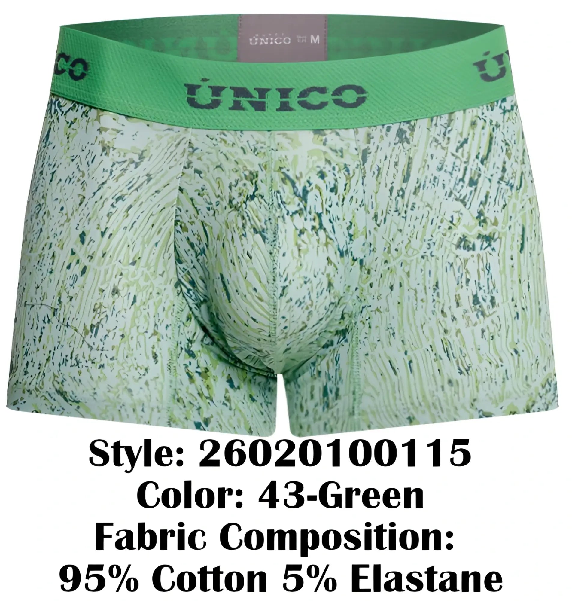 Green patterned boxer briefs with a solid green waistband featuring unico branding in color 43 green