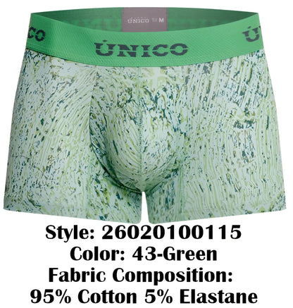 Green patterned boxer briefs with a solid green waistband featuring unico branding in color 43 green