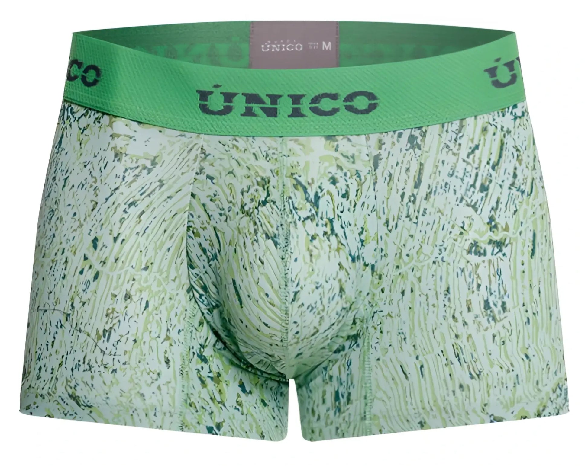 Green patterned boxer briefs with textured abstract design and unico brand name on waistband color 43 Green