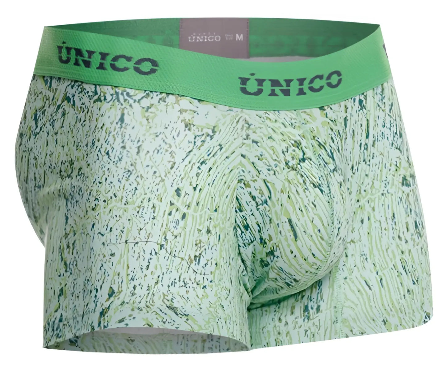 Green patterned unico men’s boxer briefs with matching elastic waistband in color 43 green for comfortable wear
