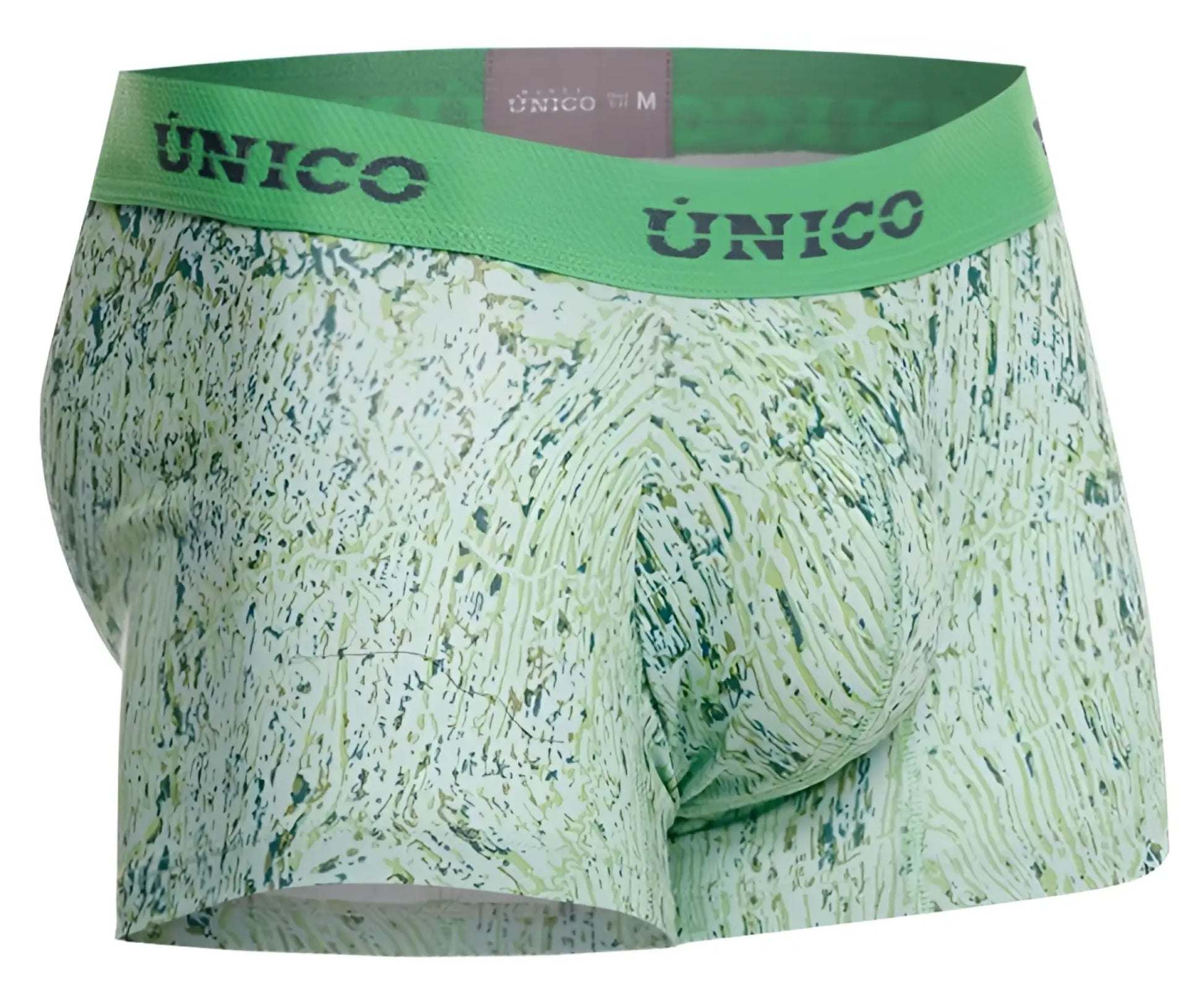 Green patterned unico men’s boxer briefs with matching elastic waistband in color 43 green for comfortable wear
