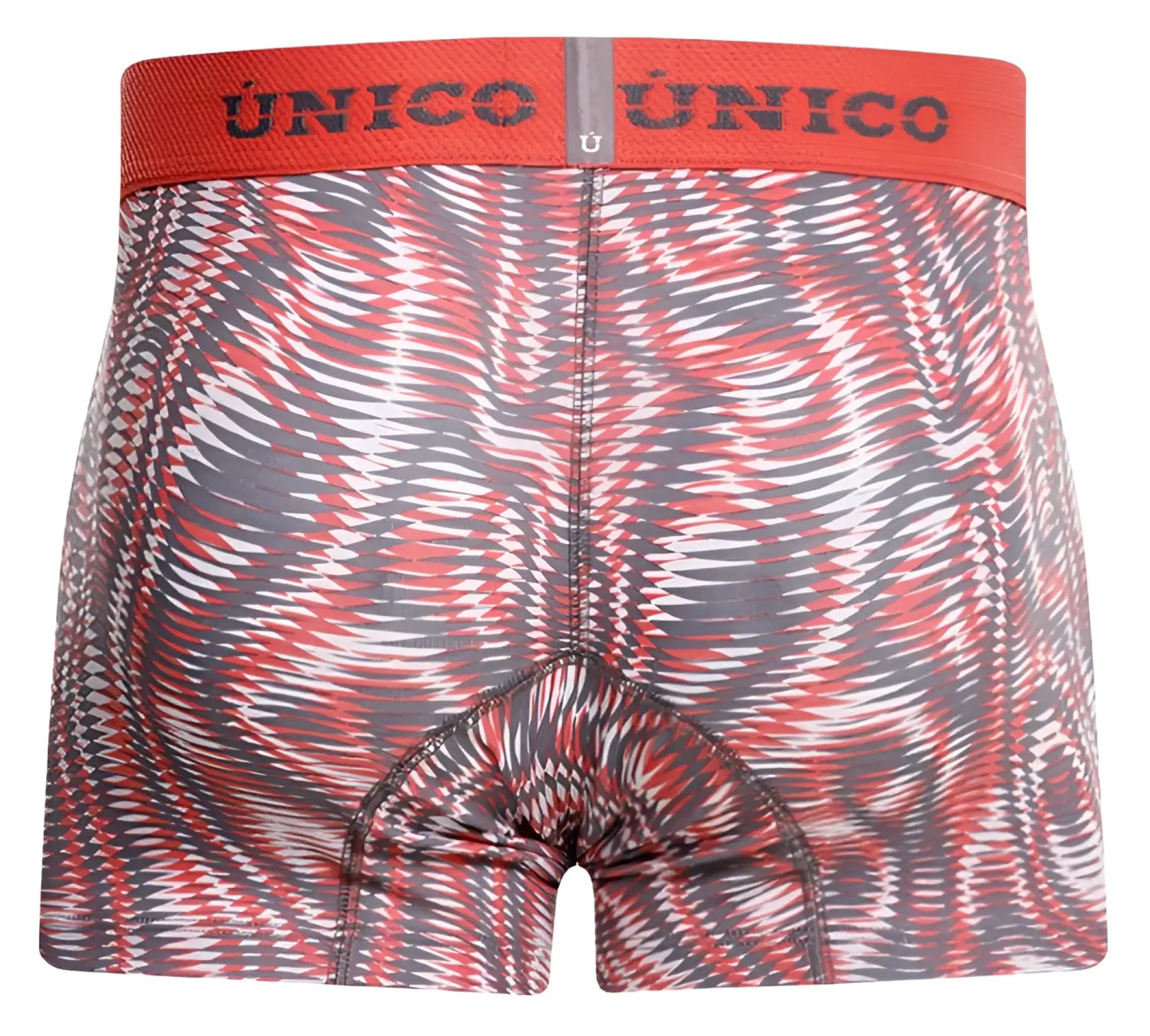 Unico 26020100116 acanalado trunks in pink with red and gray bold swirling patterns designed for comfortable wear