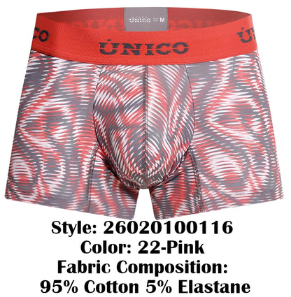 Unico acanalado trunks color 22-pink men’s boxer briefs with red and gray bold abstract wave pattern