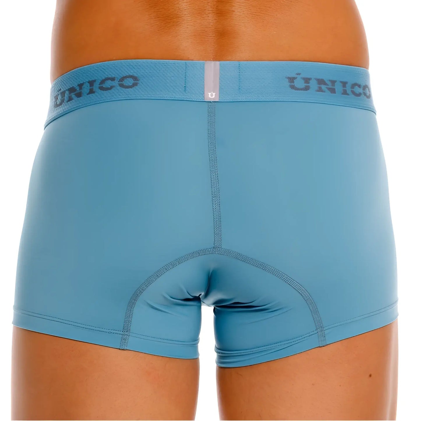 Light blue unico ventisca trunks with matching elastic waistband featuring dark gray brand name lettering