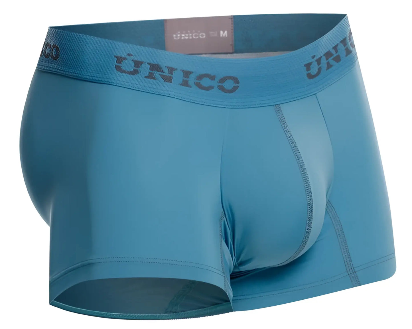 Light blue unico 26020100118 ventisca men’s boxer briefs with matching elastic waistband and dark gray logo
