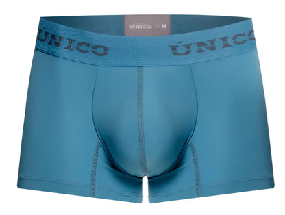 Blue unico men’s boxer briefs ventisca trunks with matching waistband featuring dark gray brand name lettering
