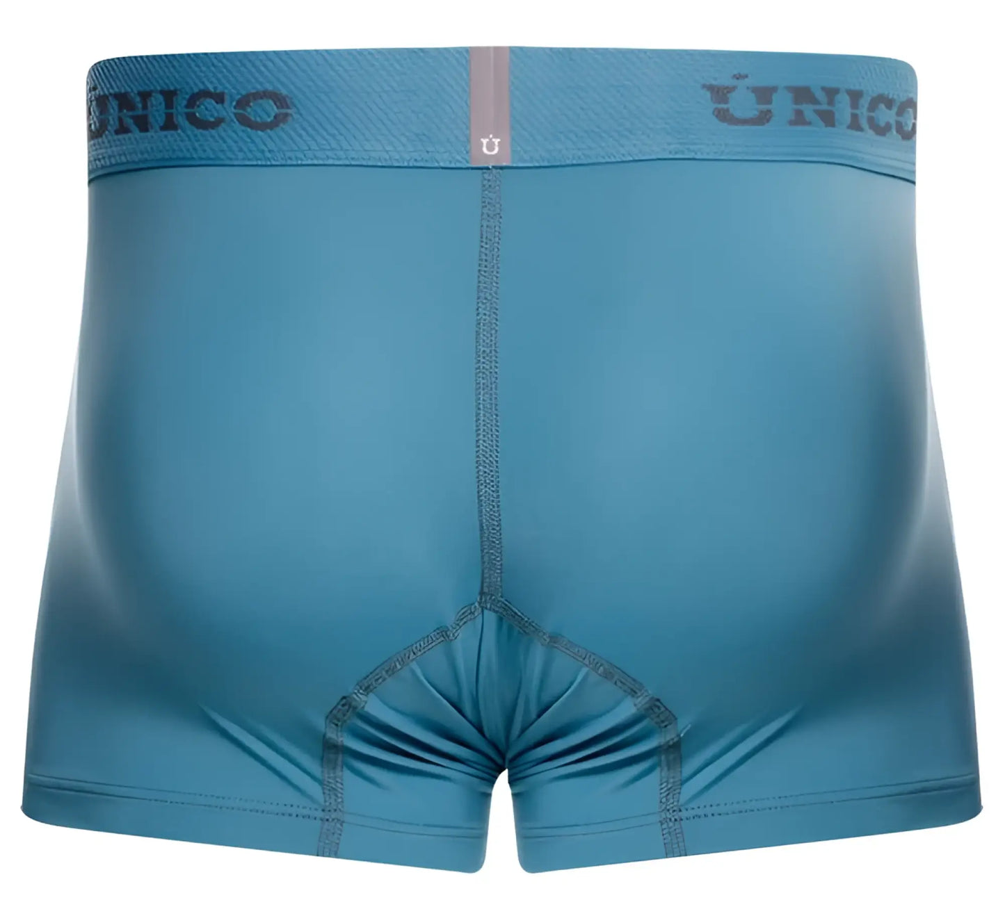A sleek solid blue unico men’s boxer brief with matching elastic waistband and subtle stitching details