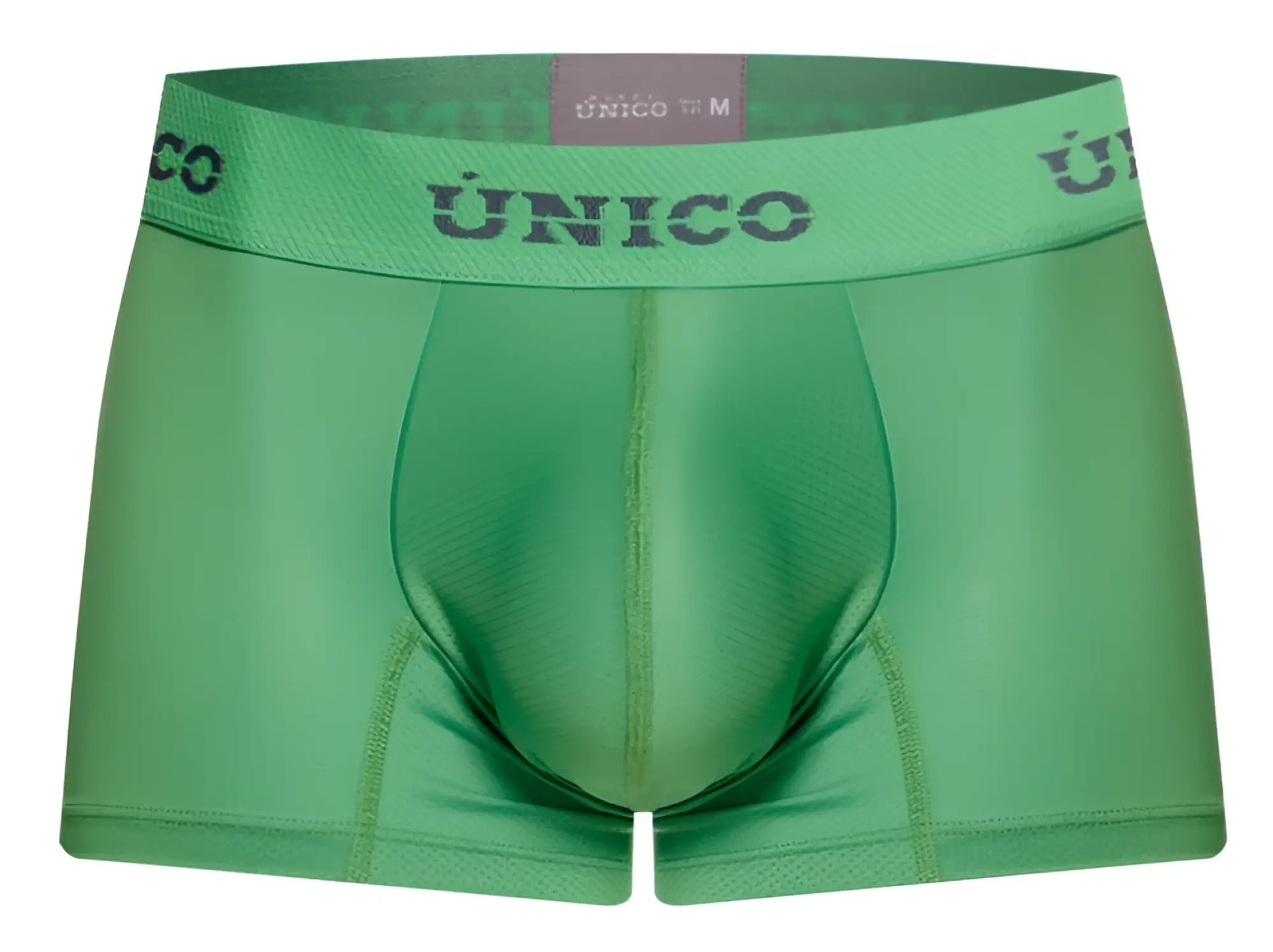 Green unico men’s boxer briefs with matching elastic waistband and dark gray brand lettering color 43-green
