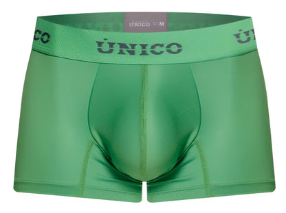 Green unico men’s boxer briefs with matching elastic waistband and dark gray brand lettering color 43-green