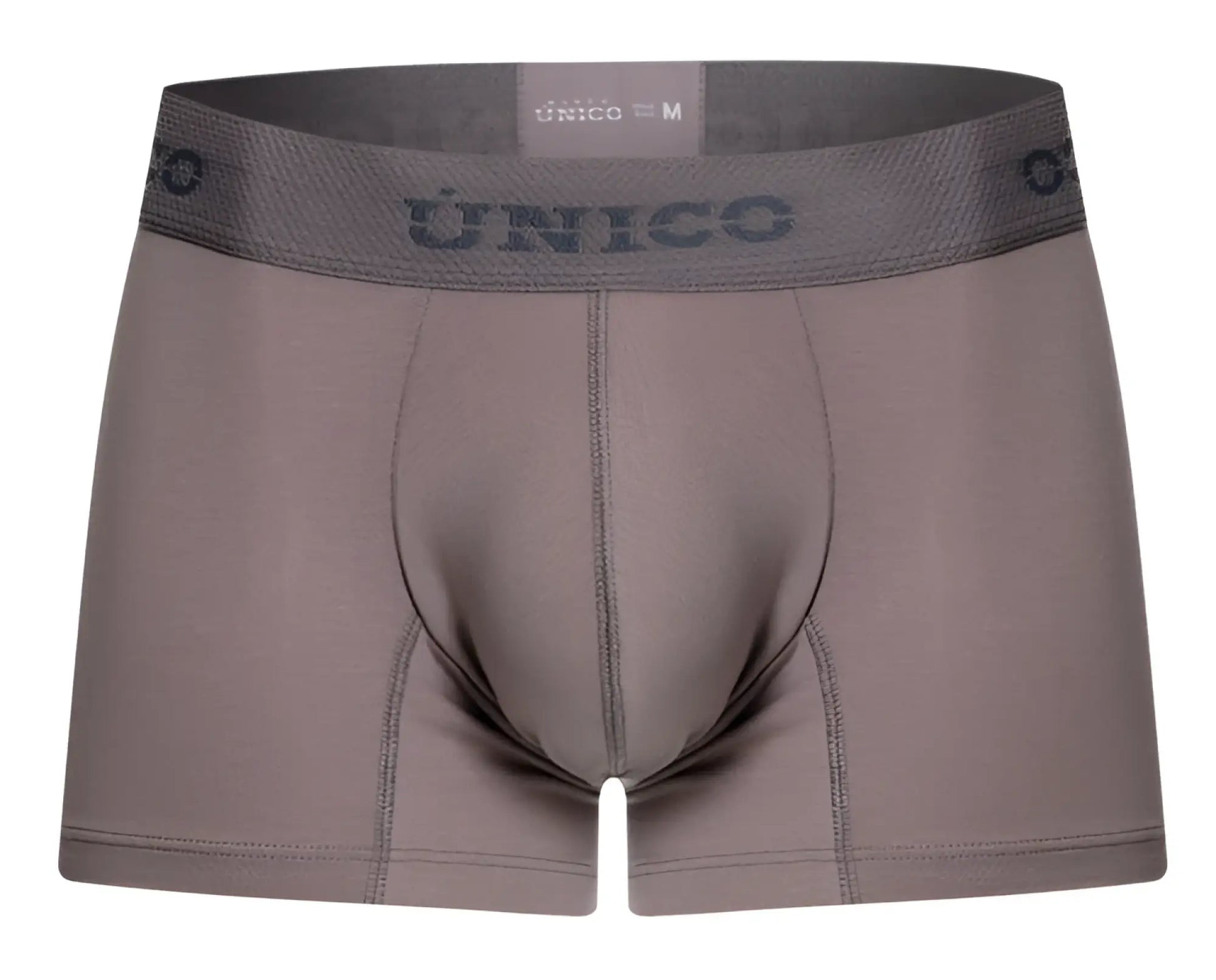 Gray unico men’s boxer briefs with matching elastic waistband featuring brand name and size in color 59-gray