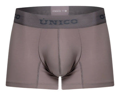 Gray unico men’s boxer briefs with matching elastic waistband featuring brand name and size in color 59-gray