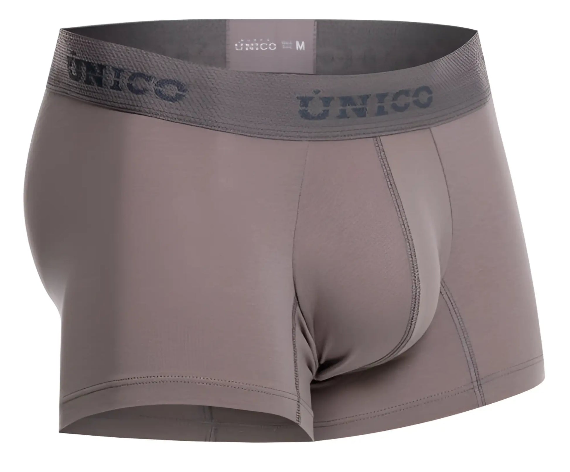 Gray unico men’s boxer briefs with matching elastic waistband featuring brand logo in color 59 gray