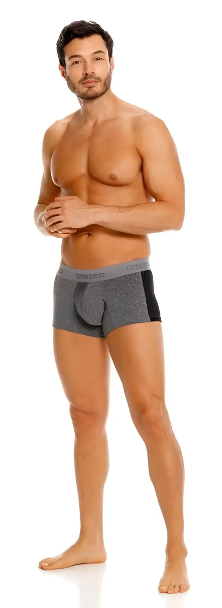 Gray and black unico 26020100121 brio trunks briefs with textured fabric waistband featuring brand name
