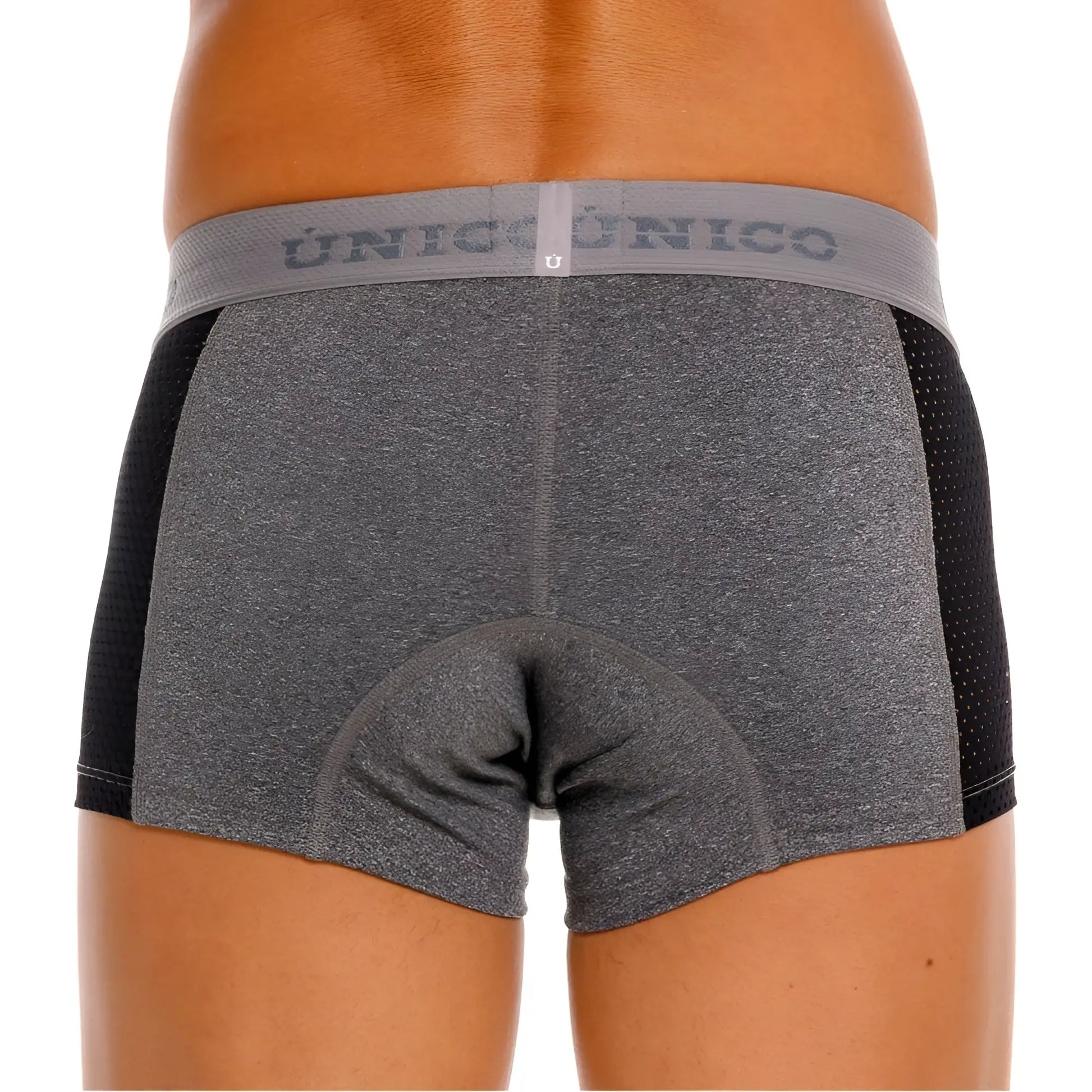 Gray and black Unico 26020100121 Brio men’s cycling shorts with textured fabric perforated panels and elastic waistband