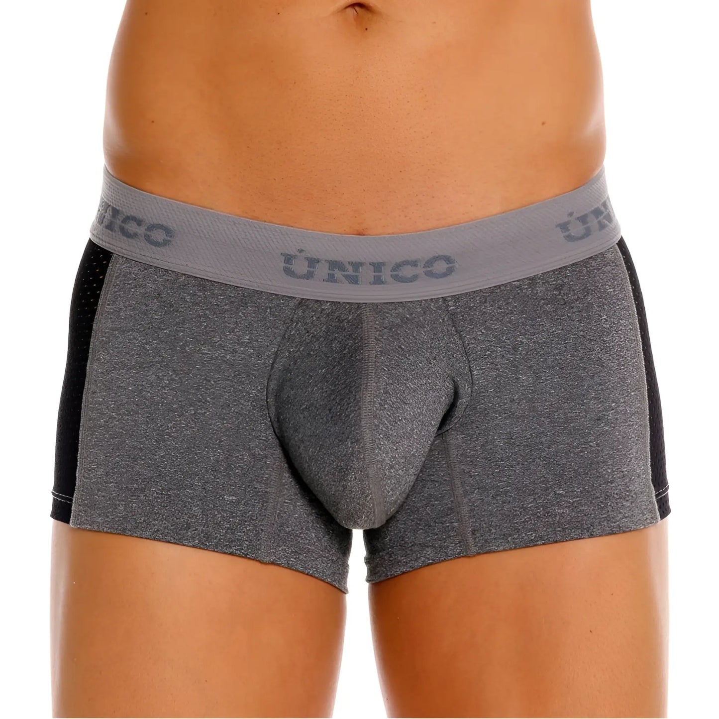 Unico 26020100121 Brio trunks gray heathered briefs with black side panels and unico elastic waistband