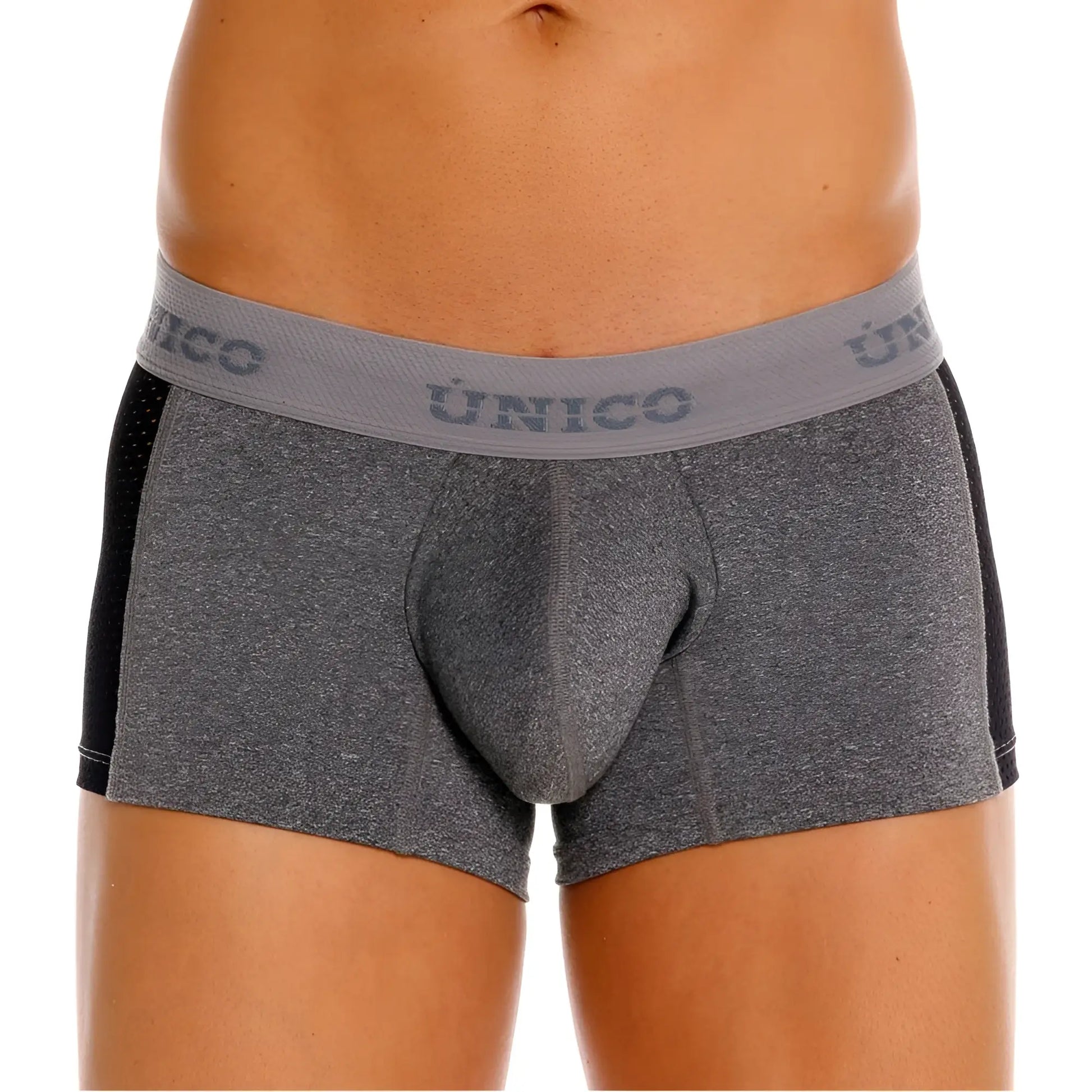 Unico 26020100121 Brio trunks gray heathered briefs with black side panels and unico elastic waistband