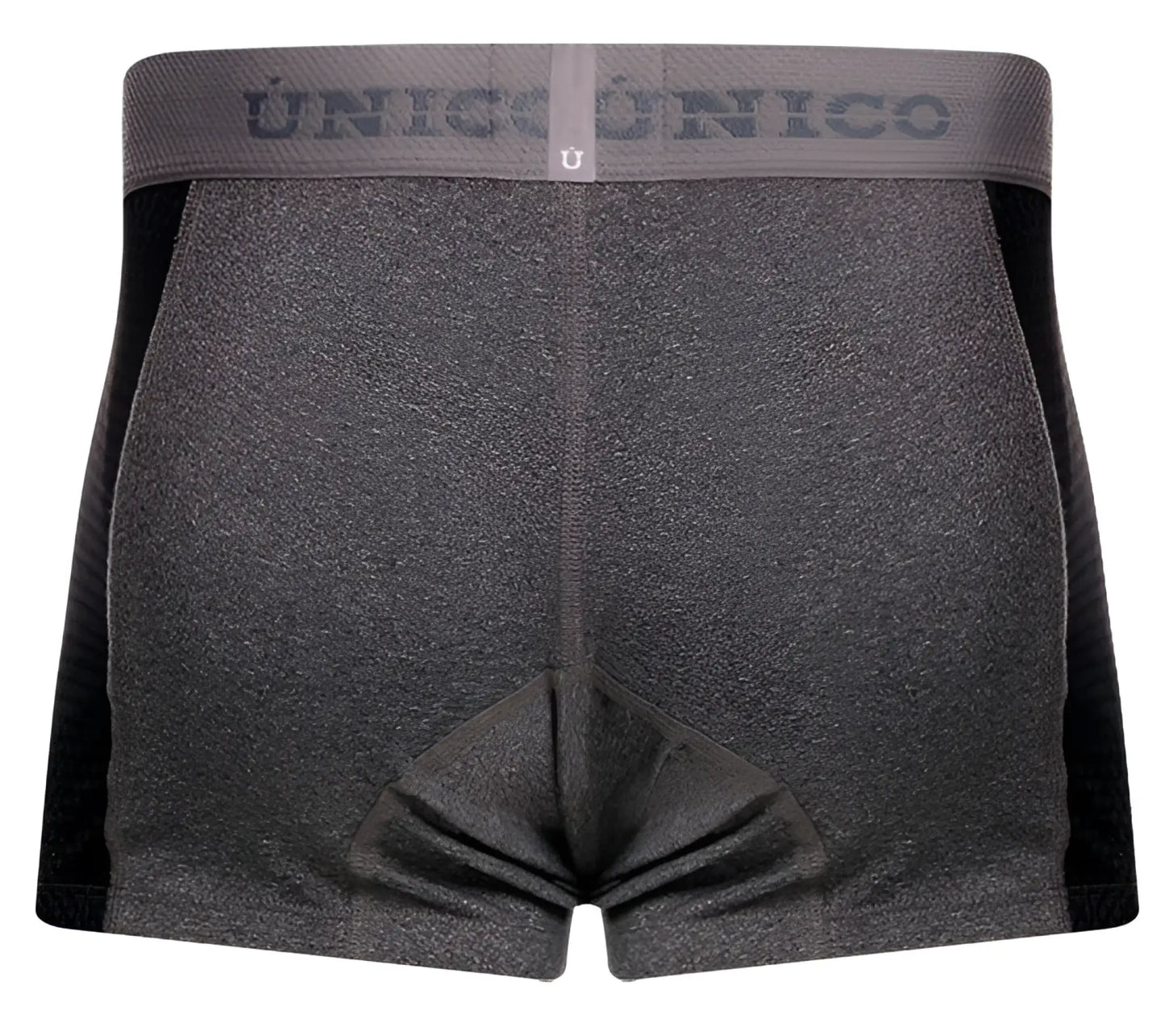 Gray heathered boxer briefs with black side panels and matching waistband featuring unico brand name