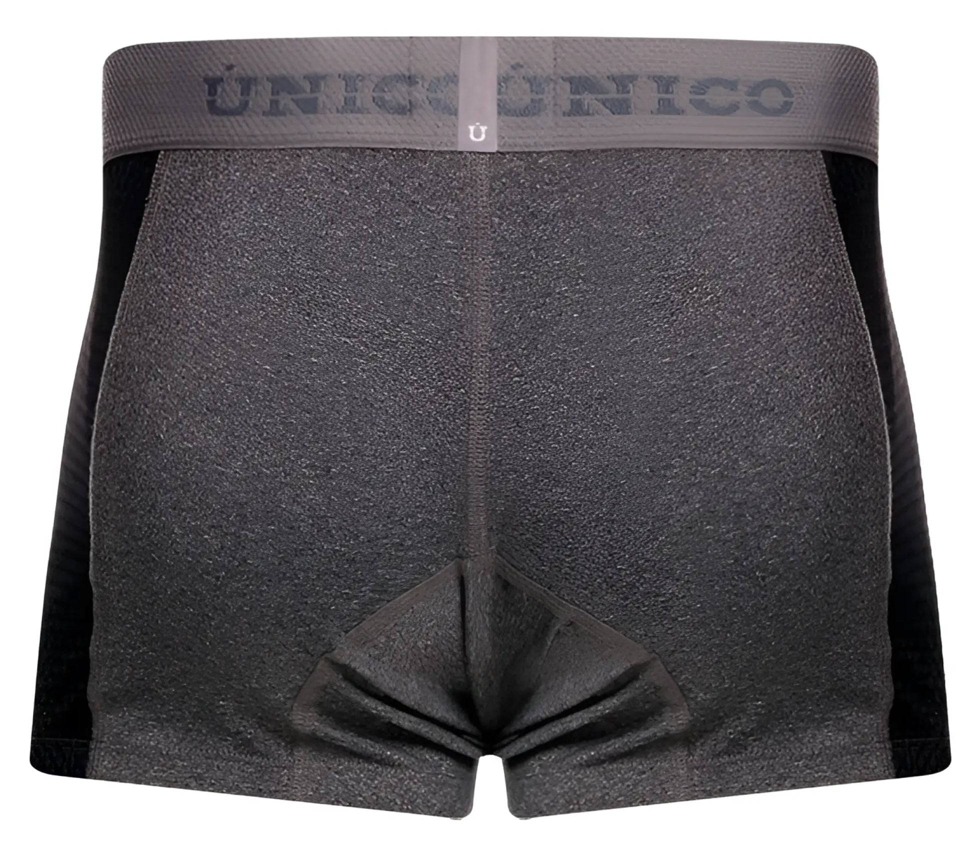 Gray heathered boxer briefs with black side panels and matching waistband featuring unico brand name