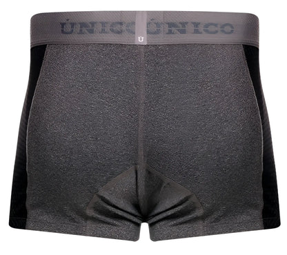 Gray heathered boxer briefs with black side panels and matching waistband featuring unico brand name