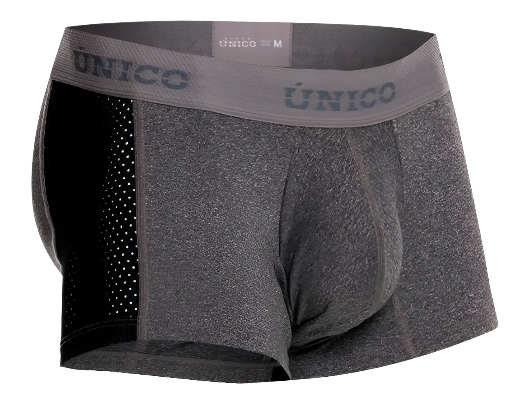 Gray textured men’s boxer briefs with black mesh side panel and unico branded waistband from unico 26020100121 brio trunks