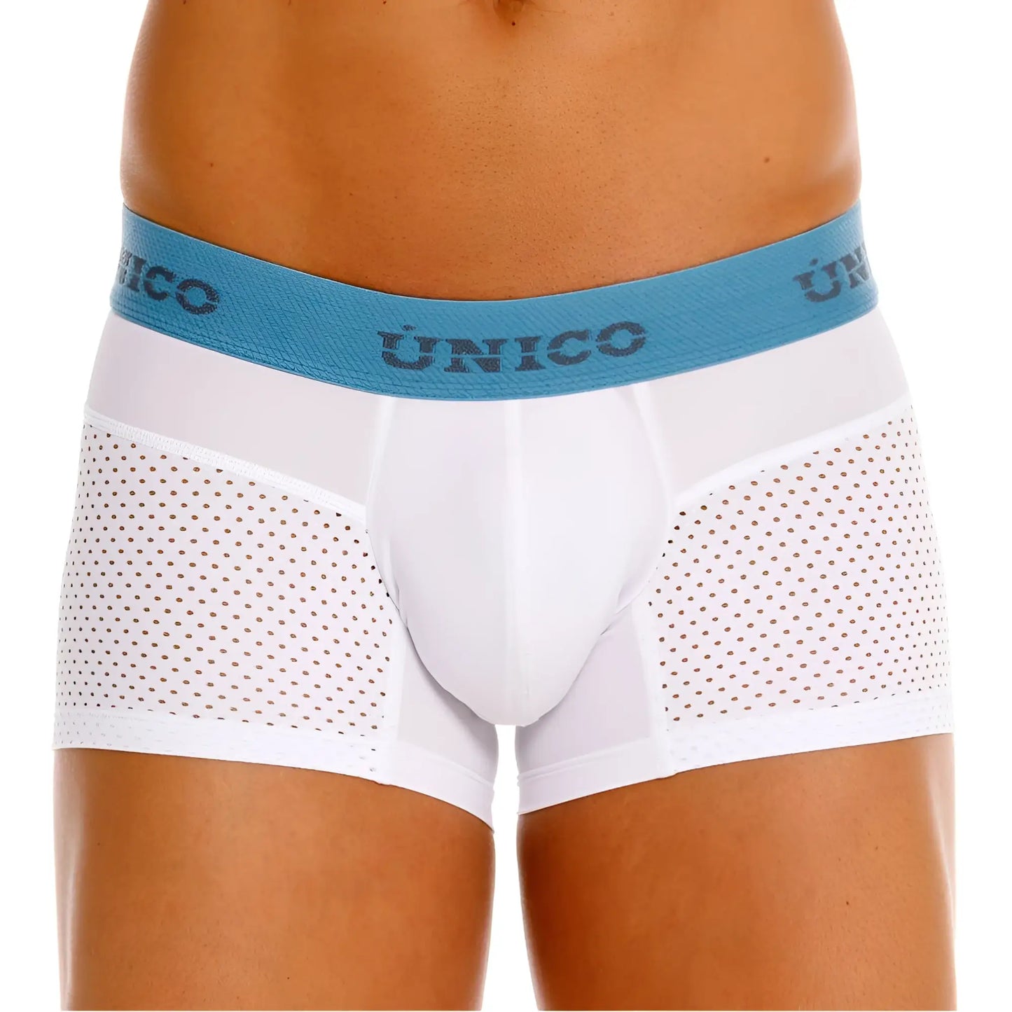 White unico 26020100122 sedoso trunks with blue waistband and perforated side panels for breathable comfort