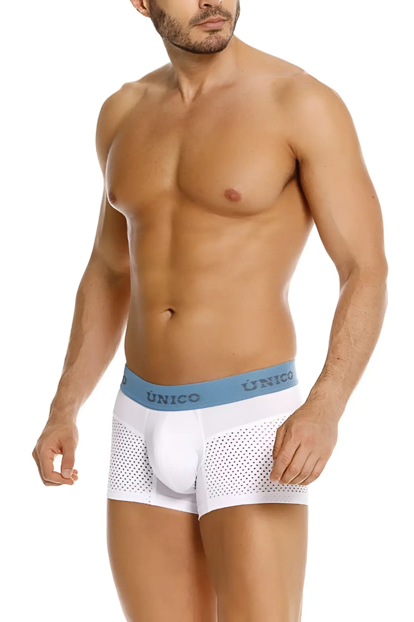 White unico 26020100122 sedoso boxer briefs with light blue waistband and perforated mesh sides in white color