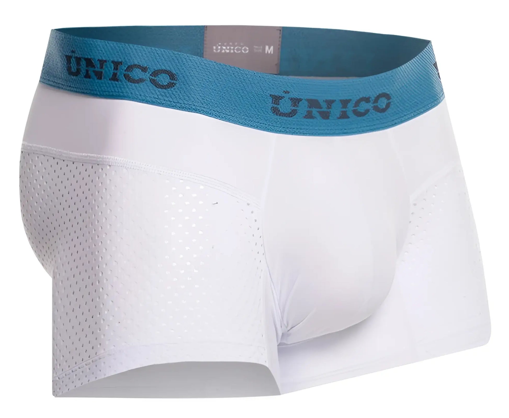 White unico men’s boxer briefs with blue elastic waistband branded unico and perforated mesh side panels in color white
