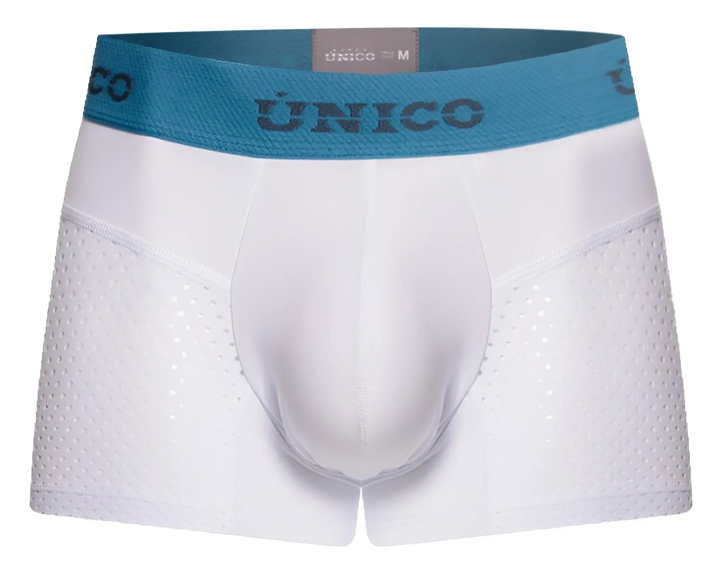 White unico 26020100122 sedoso men’s boxer briefs with teal waistband and perforated side panels