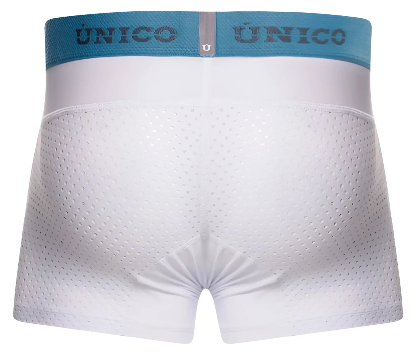 White perforated Unico 26020100122 sedoso boxer briefs with light blue elastic waistband and Unico brand name