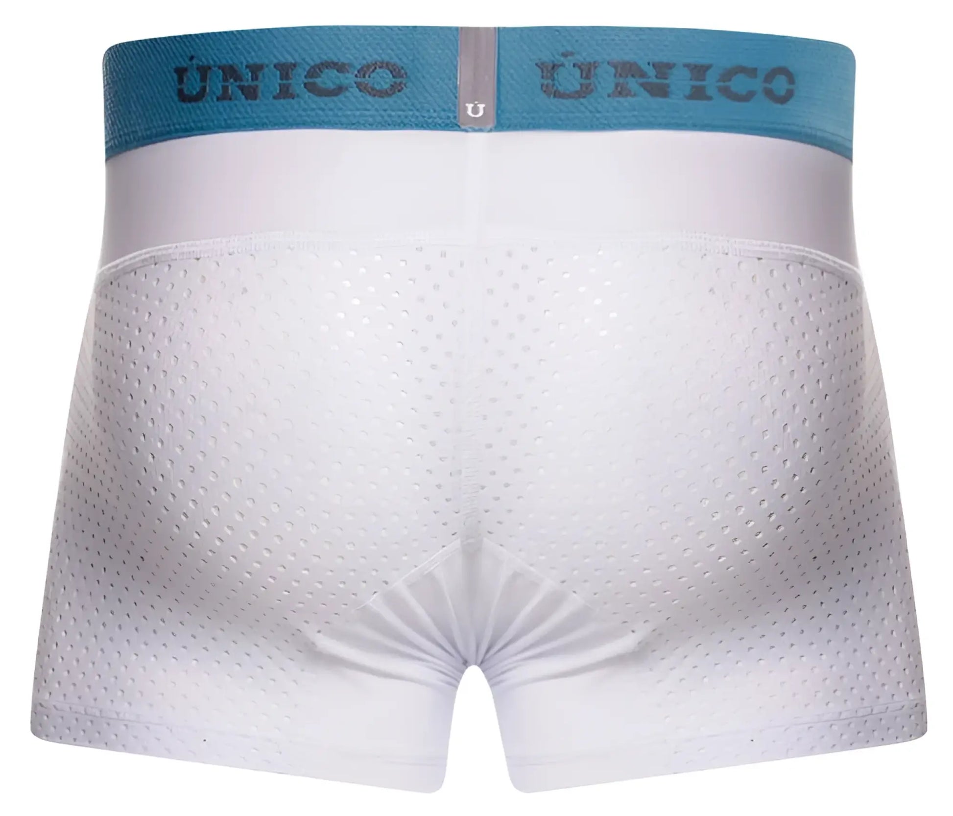 White perforated Unico 26020100122 sedoso boxer briefs with light blue elastic waistband and Unico brand name