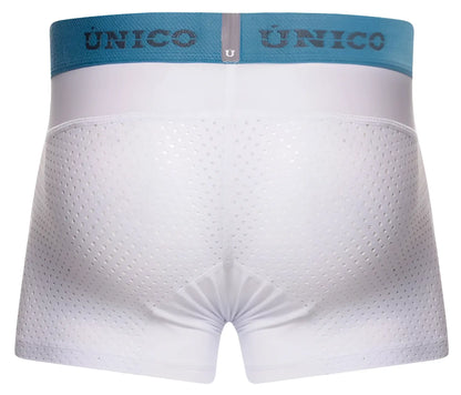 White perforated Unico 26020100122 sedoso boxer briefs with light blue elastic waistband and Unico brand name