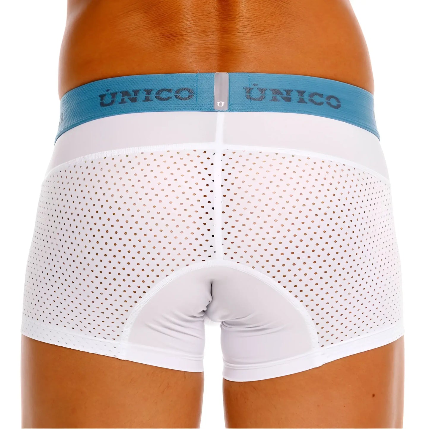 White perforated sedoso trunks with light blue único branded waistband in color 00-white for comfortable wear